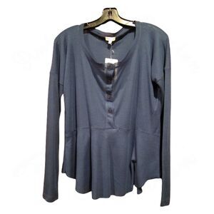 Splendid NWT Romantic Sheer Henley Peplum Navy Long Sleeve Top M